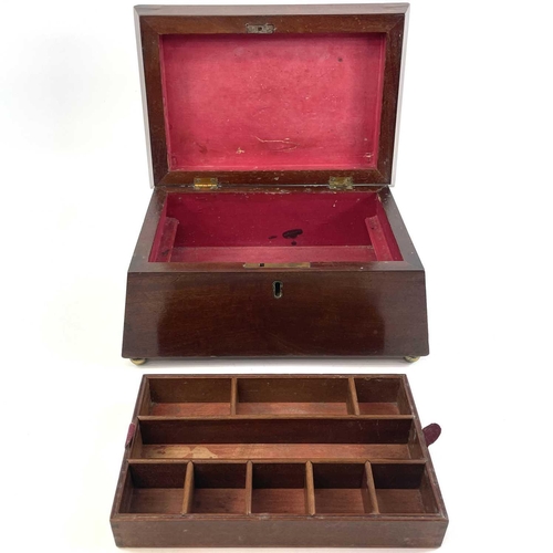 145 - A Victorian mahogany work box of sarcophagus form. With removable interior tray, raised on bun feet.... 