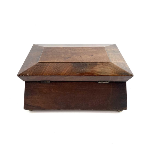 145 - A Victorian mahogany work box of sarcophagus form. With removable interior tray, raised on bun feet.... 