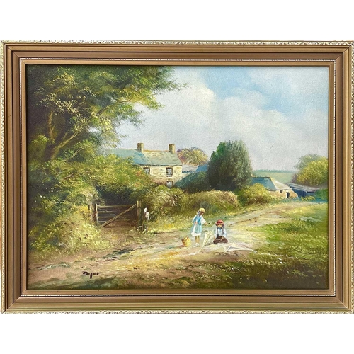 1457 - Ted DYER (b.1940) Children playing with kites in the countryside Pair oils on canvas Signed One insc... 