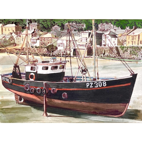 1458 - Christopher GREAVES (b.1913) Fishing Boat PZ308 in Mousehole - Beached and Afloat Two watercolours E... 