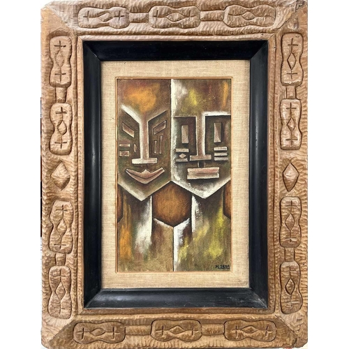 1470 - Marcel DESIR (Haitian) Two Heads Oil on board Signed 50cm x 30cm In carved folk-art frame