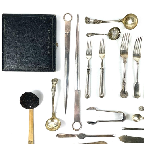 148 - A quantity of King's pattern and other cutlery. Including two large meat skewers, a horn handled car... 