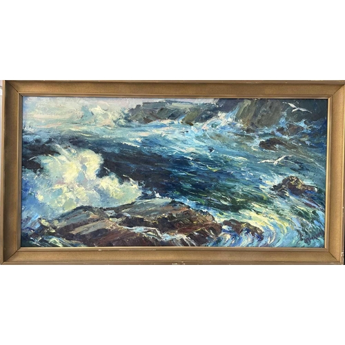 1484 - Agnes HAWKINS (1910-2001) Coastal landscape Oil on board Signed 39cm x 79.5cm