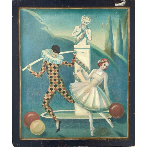 1486 - 1930s Continental School Harlequin and Ballerina before a statue of Pan Oil on canvas 60cm x 50cm