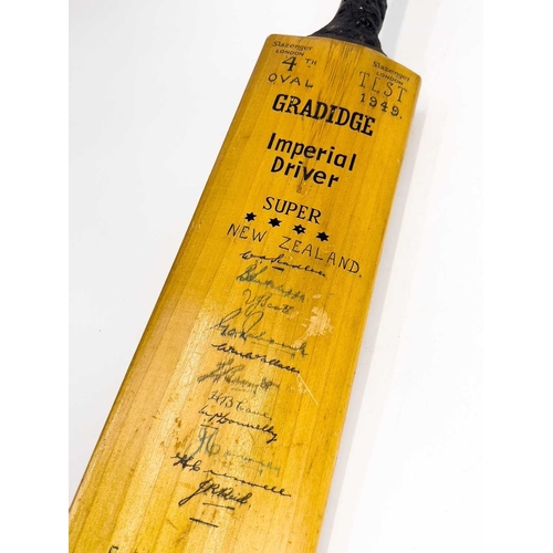 149 - A Signed 1949 cricket bat 4th New Zealand test at The Oval. The signatures include Len Hutton, Denis... 