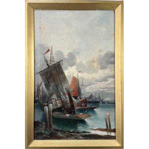 1493 - W Buttler (1870) Thames shipping scene. Oil on canvas 35.5cm x 56.5cm