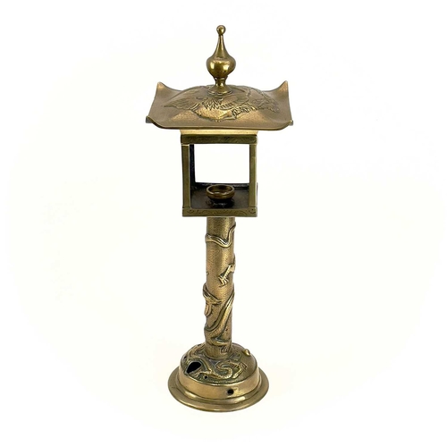 153 - A Japanese brass lantern type table lamp. Cast with dragons and birds, height 44cm.