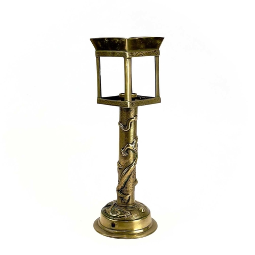 153 - A Japanese brass lantern type table lamp. Cast with dragons and birds, height 44cm.