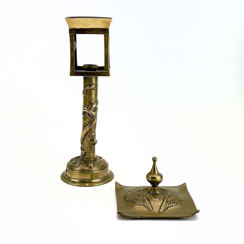 153 - A Japanese brass lantern type table lamp. Cast with dragons and birds, height 44cm.