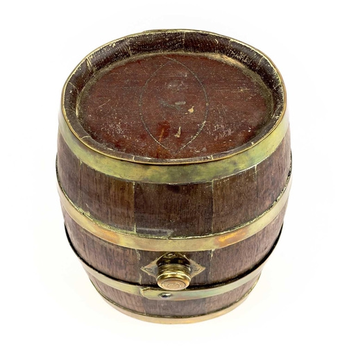 157 - A late 19th/early 20th century oak and brass bound Devon 'Costrel' or cider barrel. Height 26cm.