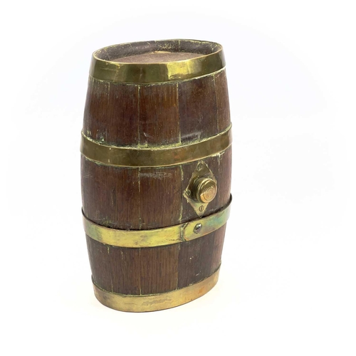 157 - A late 19th/early 20th century oak and brass bound Devon 'Costrel' or cider barrel. Height 26cm.