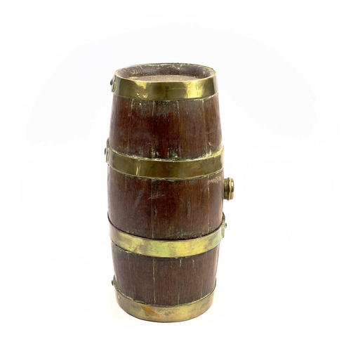 157 - A late 19th/early 20th century oak and brass bound Devon 'Costrel' or cider barrel. Height 26cm.