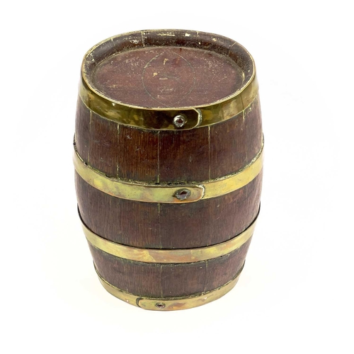 157 - A late 19th/early 20th century oak and brass bound Devon 'Costrel' or cider barrel. Height 26cm.