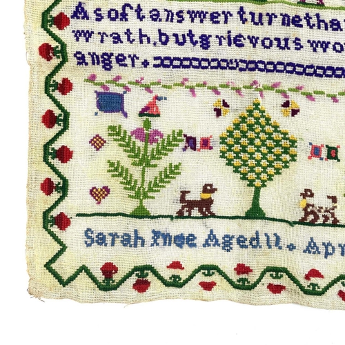 1604 - A Victorian sampler. Worked by Sarah Inge, age 11 and dated April 29th 1869, with dogs, birds, trees... 