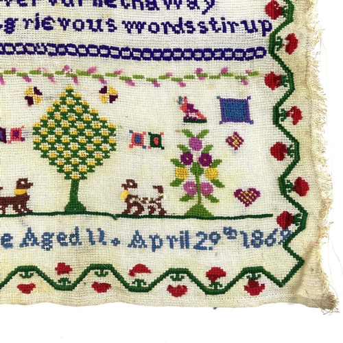 1604 - A Victorian sampler. Worked by Sarah Inge, age 11 and dated April 29th 1869, with dogs, birds, trees... 