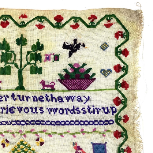 1604 - A Victorian sampler. Worked by Sarah Inge, age 11 and dated April 29th 1869, with dogs, birds, trees... 