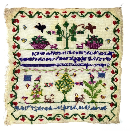 1604 - A Victorian sampler. Worked by Sarah Inge, age 11 and dated April 29th 1869, with dogs, birds, trees... 