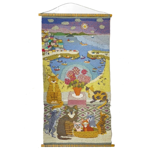 1608 - JOAN M LEE The Cats of Mousehole A linen tapestry 66cm x 35cm Together with Spring another linen tap... 