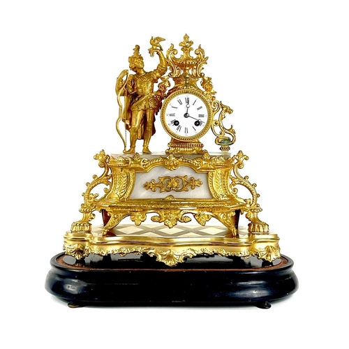 1702 - A French gilt spelter and alabaster mantel clock under a glass dome. Late 19th century, the ornate r... 