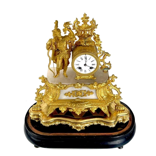 1702 - A French gilt spelter and alabaster mantel clock under a glass dome. Late 19th century, the ornate r... 