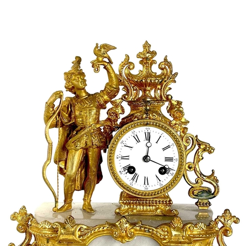 1702 - A French gilt spelter and alabaster mantel clock under a glass dome. Late 19th century, the ornate r... 