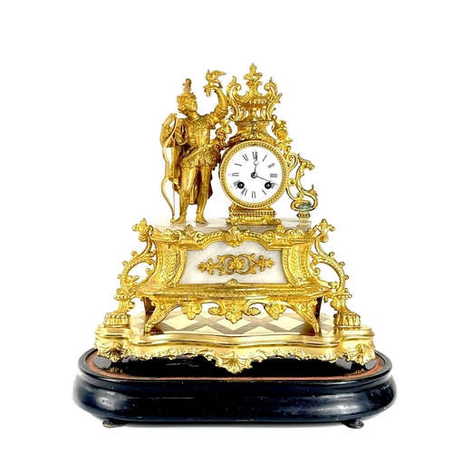 1702 - A French gilt spelter and alabaster mantel clock under a glass dome. Late 19th century, the ornate r... 