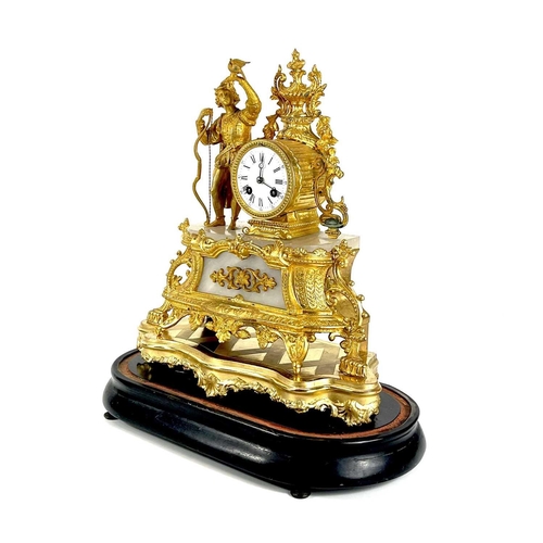 1702 - A French gilt spelter and alabaster mantel clock under a glass dome. Late 19th century, the ornate r... 