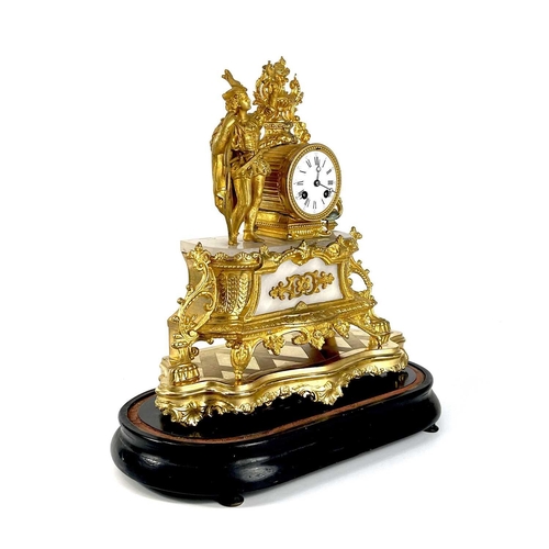 1702 - A French gilt spelter and alabaster mantel clock under a glass dome. Late 19th century, the ornate r... 