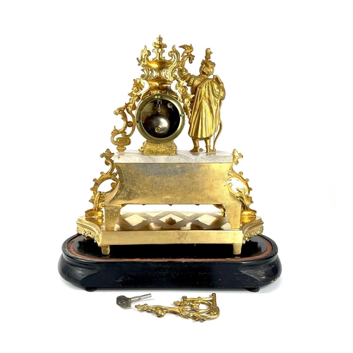 1702 - A French gilt spelter and alabaster mantel clock under a glass dome. Late 19th century, the ornate r... 