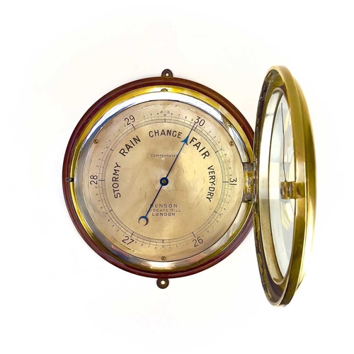 1715 - A Benson brass marine aneroid barometer. Circa 1900, the silvered dial stamped Compensated Benson Lu... 