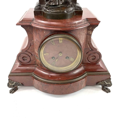 1719 - A 19th century French red marble mantle clock with a bronze figure of girl holding a small casket Si... 