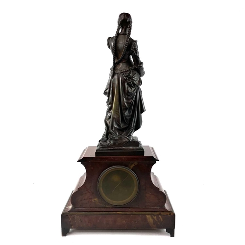 1719 - A 19th century French red marble mantle clock with a bronze figure of girl holding a small casket Si... 