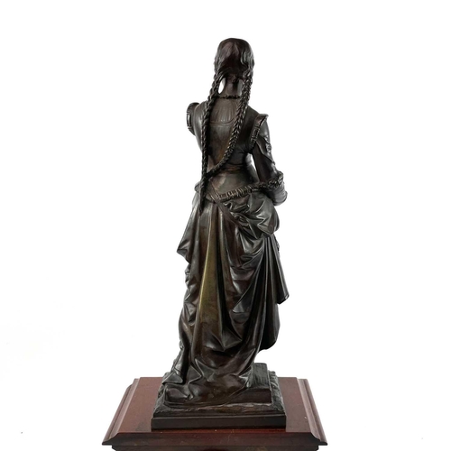 1719 - A 19th century French red marble mantle clock with a bronze figure of girl holding a small casket Si... 