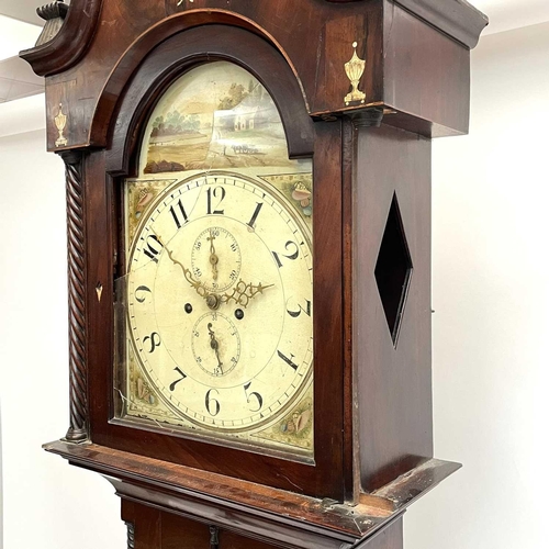 1726 - A mahogany, crossbanded and inlaid eight-day longcase clock. Circa 1800, with arched painted dial, e... 