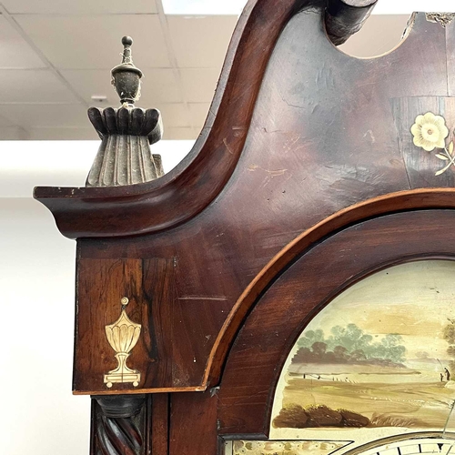 1726 - A mahogany, crossbanded and inlaid eight-day longcase clock. Circa 1800, with arched painted dial, e... 