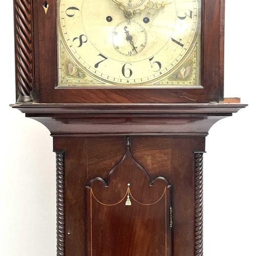 1726 - A mahogany, crossbanded and inlaid eight-day longcase clock. Circa 1800, with arched painted dial, e... 