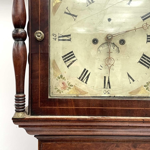 1727 - A late George III mahogany, crossbanded and inlaid eight day longcase clock. With arched painted dia... 