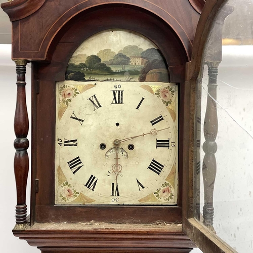 1727 - A late George III mahogany, crossbanded and inlaid eight day longcase clock. With arched painted dia... 