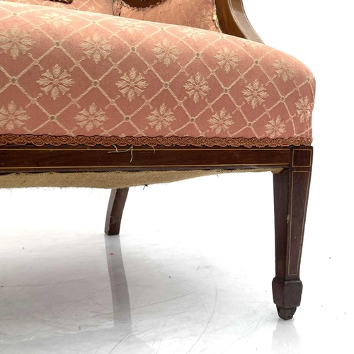 1828 - A late Victorian rosewood and inlaid settee. With arched back and padded arms, raised on square tape... 