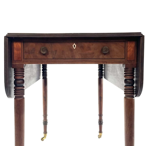 1839 - A George III mahogany Pembroke table. Fitted with one real and one dummy drawer and raised on turned... 