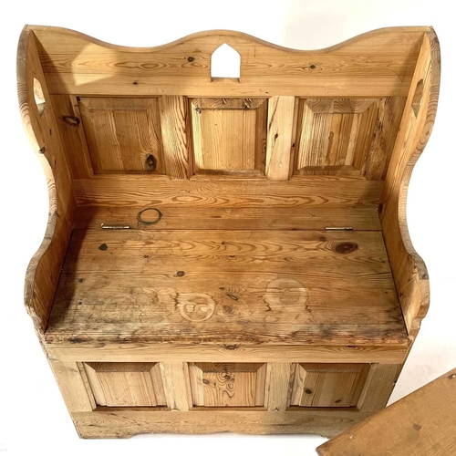 1847 - A pine settle and a blanket box. The former with raised back and hinged seat containing a storage co... 