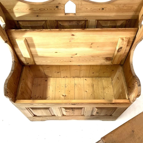 1847 - A pine settle and a blanket box. The former with raised back and hinged seat containing a storage co... 