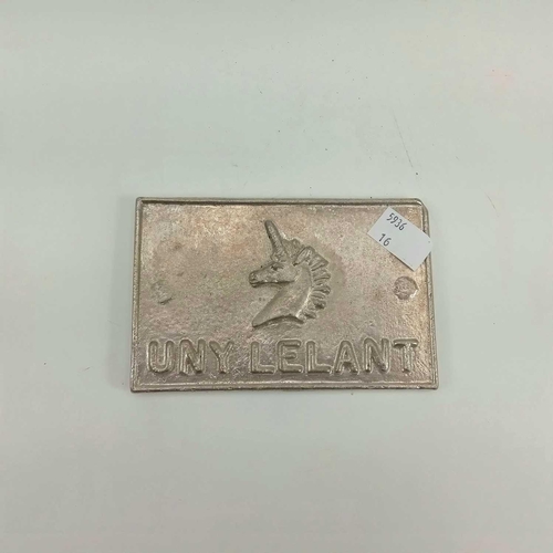 185 - A Cornish tin ingot. Cast with the inscription 'UNY LELANT' and a unicorn's head motif. 8.25cm x 12.... 