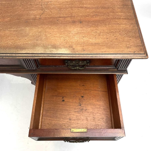 1867 - A late Victorian mahogany kneehole desk or dressing table. Fitted with one long and eight short draw... 