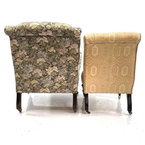 1873 - Two Victorian upholstered chairs. The walnut framed armchair on turned front legs, height 89cm, the ... 