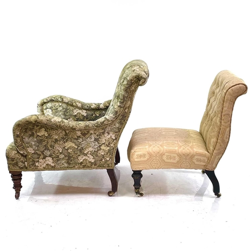 1873 - Two Victorian upholstered chairs. The walnut framed armchair on turned front legs, height 89cm, the ... 