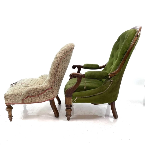 1901 - An early Victorian mahogany framed button back armchair. On turned front legs, together with a walnu... 