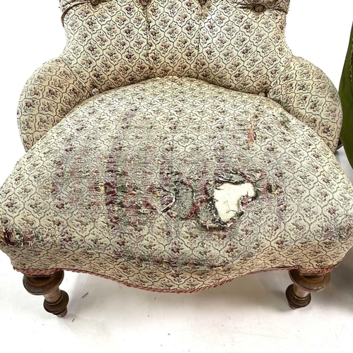 1901 - An early Victorian mahogany framed button back armchair. On turned front legs, together with a walnu... 