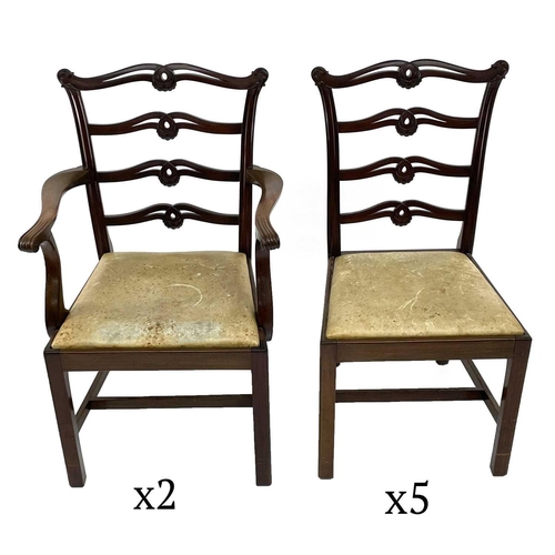 1932 - A set of seven mahogany ladderback dining chairs. In the George III taste, circa 1900, with leather ... 