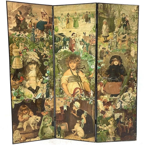 1934 - A Victorian scrap screen. With three sections, one side with coloured images, the other black and wh... 